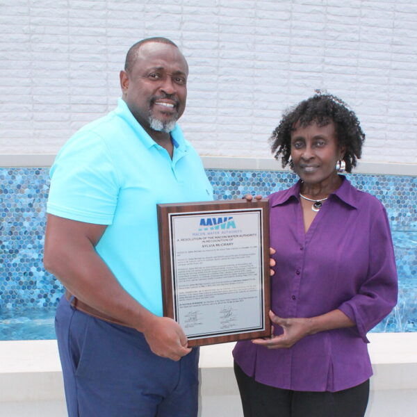 MWA Director of Water Treatment Gary McCoy (left) has been selected to serve the Georgia Association of Water Professionals (GAWP) as its Vice President. McCoy is pictured with MWA Lab Analyst Sylvia McCrary, who retired recently after serving 33 years within McCoy’s department at the Authority.