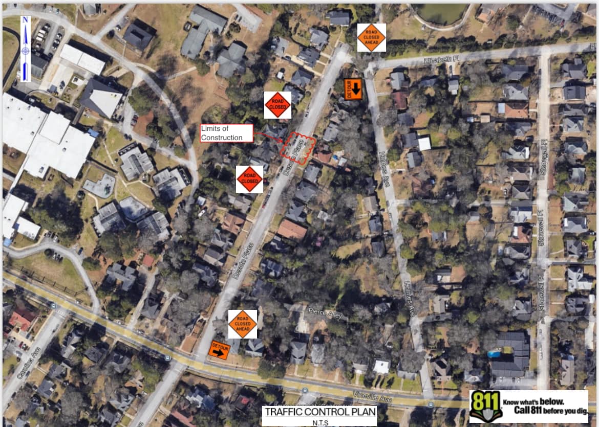 Aerial view of a neighborhood with traffic control plan, road closures, detour signs, and a Call 811 Before You Dig notice.