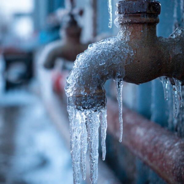 A metal outdoor faucet coated in thick ice and hanging icicles, with blurred frosty pipes visible in the background.