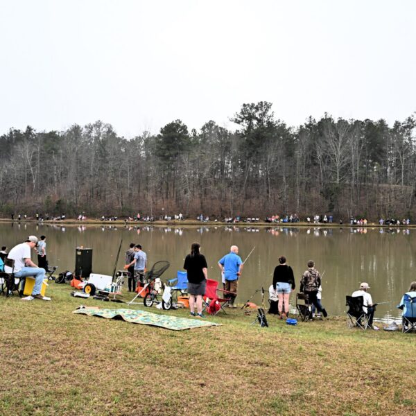 People fish while sitting on chairs and blankets by a pond; more fish opposite. Leafless trees stand under cloudy skies.