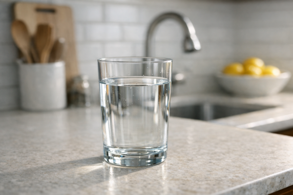 A clear glass of water on a light kitchen countertop, with a blurred sink, faucet, lemons in a bowl, and utensils in the background.