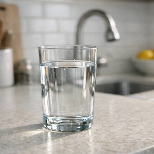 A clear glass of water on a light kitchen countertop, with a blurred sink, faucet, lemons in a bowl, and utensils in the background.
