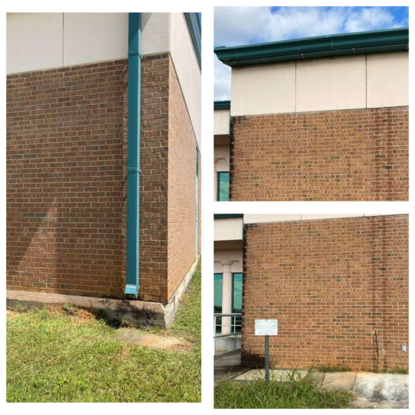 A collage of three photos shows a brick building with a green downspout, patchy grass, concrete, and cloudy sky.