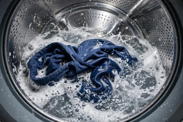 A blue hoodie being washed inside a washing machine, surrounded by soapy water and bubbles.