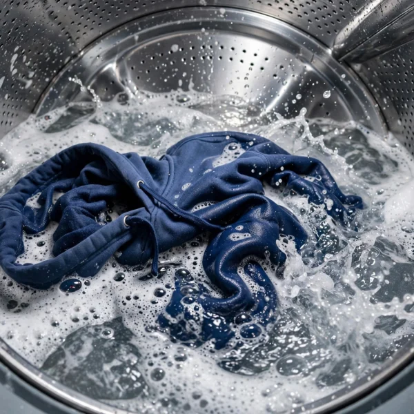 A blue hoodie being washed inside a washing machine, surrounded by soapy water and bubbles.