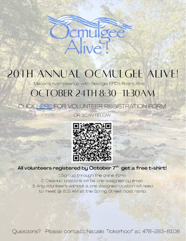 Flyer for the 20th Annual Ocmulgee Alive river cleanup in Macon, GA, on October 24, 8:30–11:30 AM. Includes registration details, a QR code, and information about volunteer t-shirts, all set over a background image of a river with trees.