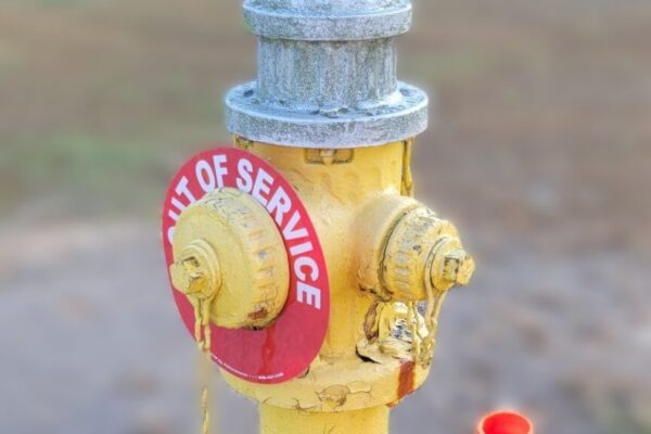 A yellow fire hydrant with a OUT OF SERVICE tag is next to an orange traffic cone. The background is a grassy area and a blurred building.